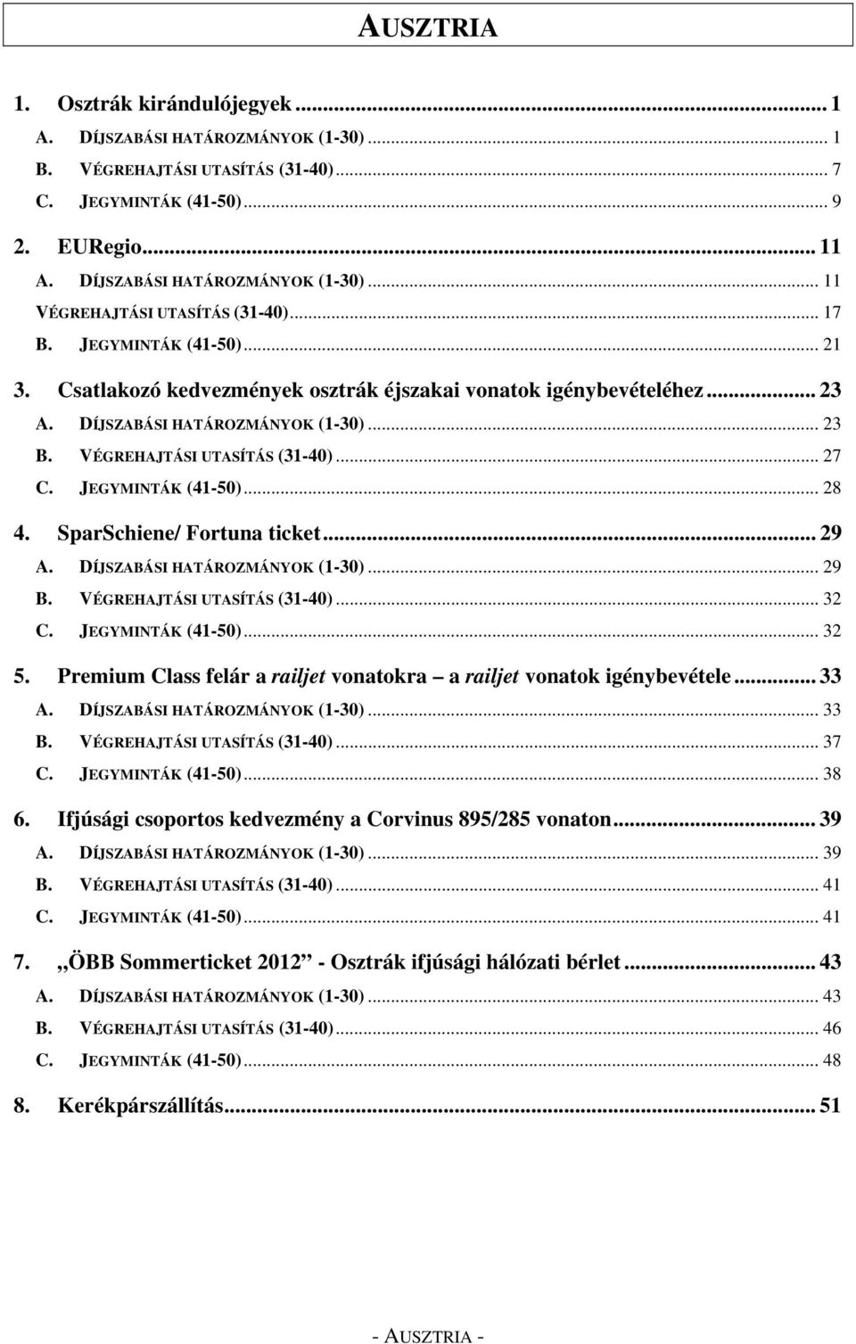 JEGYMINTÁK (41-50)... 28 4. SparSchiene/ Fortuna ticket... 29 A. DÍJSZABÁSI HATÁROZMÁNYOK (1-30)... 29 B. VÉGREHAJTÁSI UTASÍTÁS (31-40)... 32 C. JEGYMINTÁK (41-50)... 32 5.