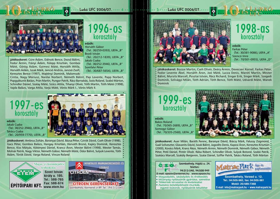 Janzsó Zsolt, Keresztes Bence (1997), Majtényi Dominik, Malomsoki 1996-os Horváth Gábor (Tel.: 30/259-0393), UEFA B Bezdi István (Tel.: 20/212-1839), UEFA B Jakab Csaba (Tel.