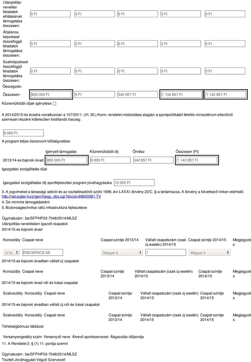 rendelet módoítáa alapján a portpolitikáért felelő miniztérium ellenőrző zervezet rézére kötelezően fordítandó özeg: 8 000 Ft A program telje özevont költégvetée Igényelt támogatá Közreműködői díj