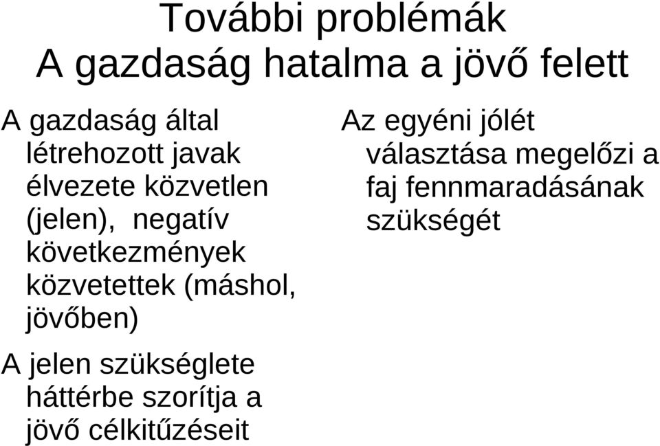 közvetettek (máshol, jövőben) A jelen szükséglete háttérbe szorítja a