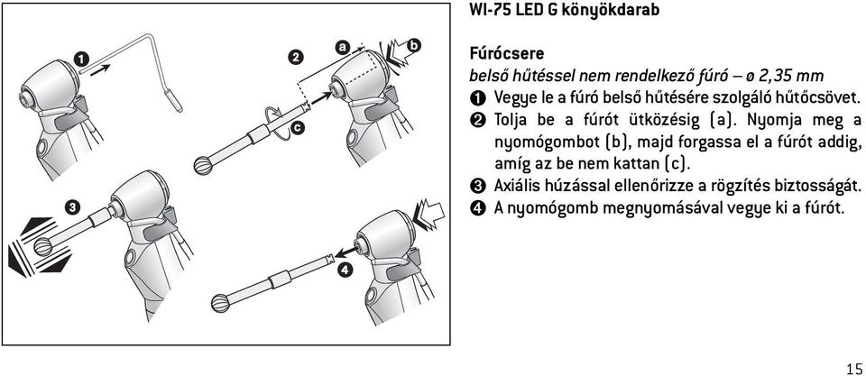 Nyomja meg a nyomógombot (b), majd forgassa el a fúrót addig, amíg az be nem kattan (c).