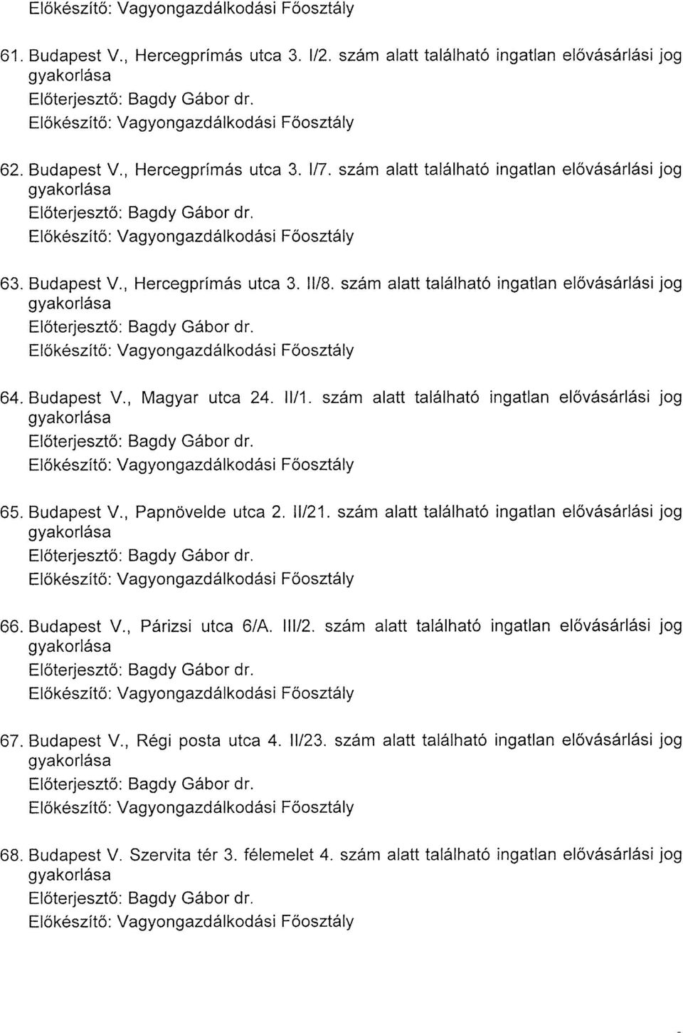 szám alatt található ingatlan elővásárlási jog 65. Budapest V., Papnövelde utca 2. 11/21. szám alatt található ingatlan elővásárlási jog 66. Budapest V., Párizsi utca 6/A. 111/2.