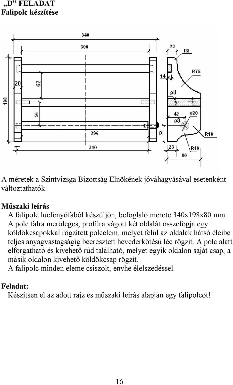 A polc falra merőleges, profilra vágott két oldalát összefogja egy köldökcsapokkal rögzített polcelem, melyet felül az oldalak hátsó éleibe teljes anyagvastagságig