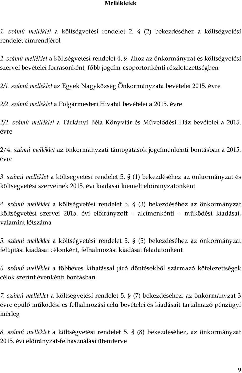 számú melléklet a Polgármesteri Hivatal bevételei a 2015. évre 2/2. számú melléklet a Tárkányi Béla Könyvtár és Művelődési Ház bevételei a 2015. évre 2/4.