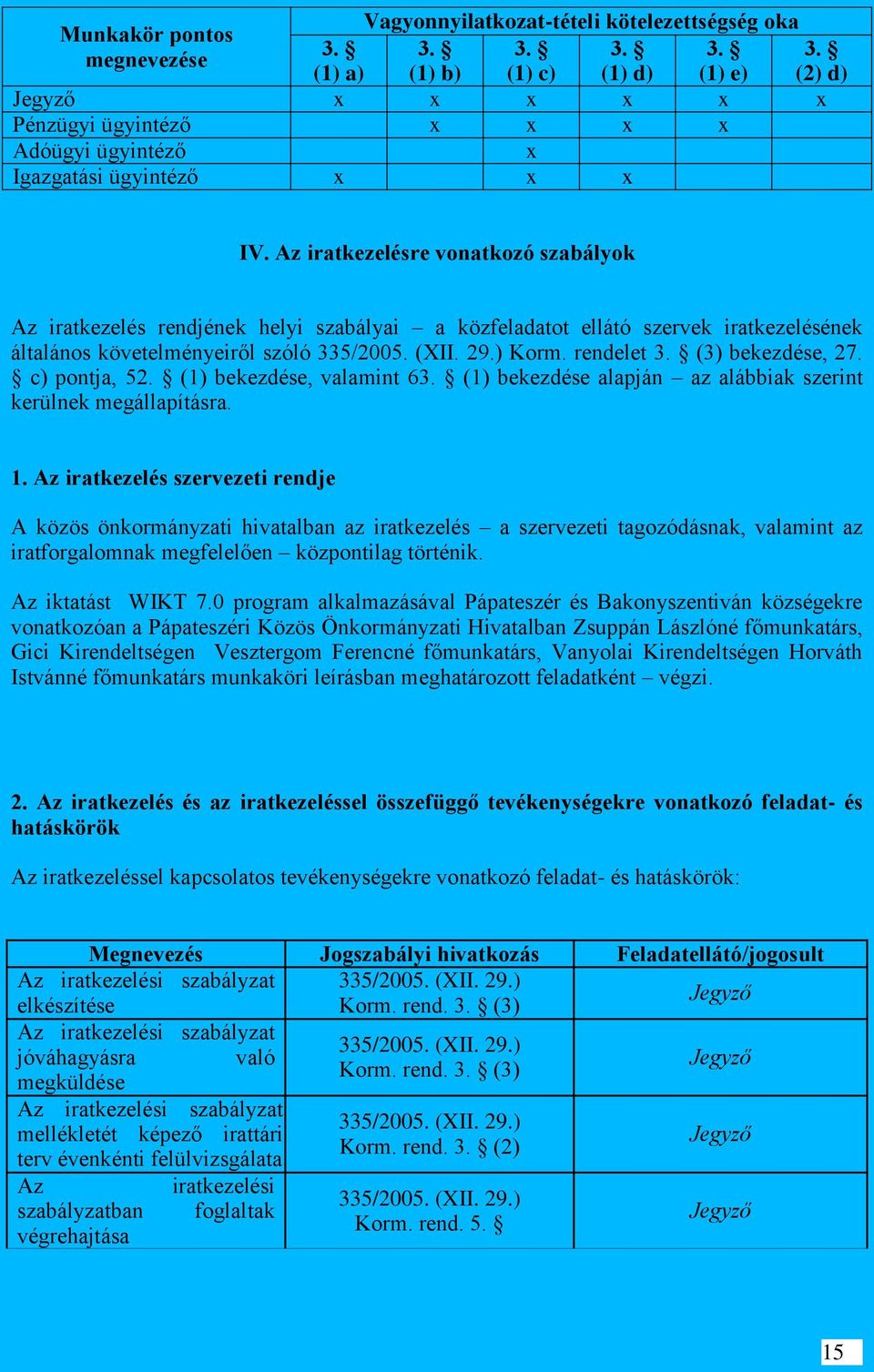 Az iratkezelésre vonatkozó szabályok Az iratkezelés rendjének helyi szabályai a közfeladatot ellátó szervek iratkezelésének általános követelményeiről szóló 335/2005. (XII. 29.) Korm. rendelet 3.