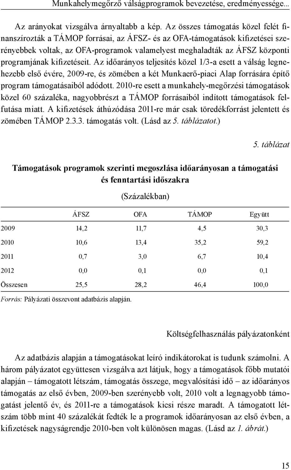 kifizetéseit. Az időarányos teljesítés közel 1/3-a esett a válság legnehezebb első évére, 2009-re, és zömében a két Munkaerő-piaci Alap forrására építő program támogatásaiból adódott.