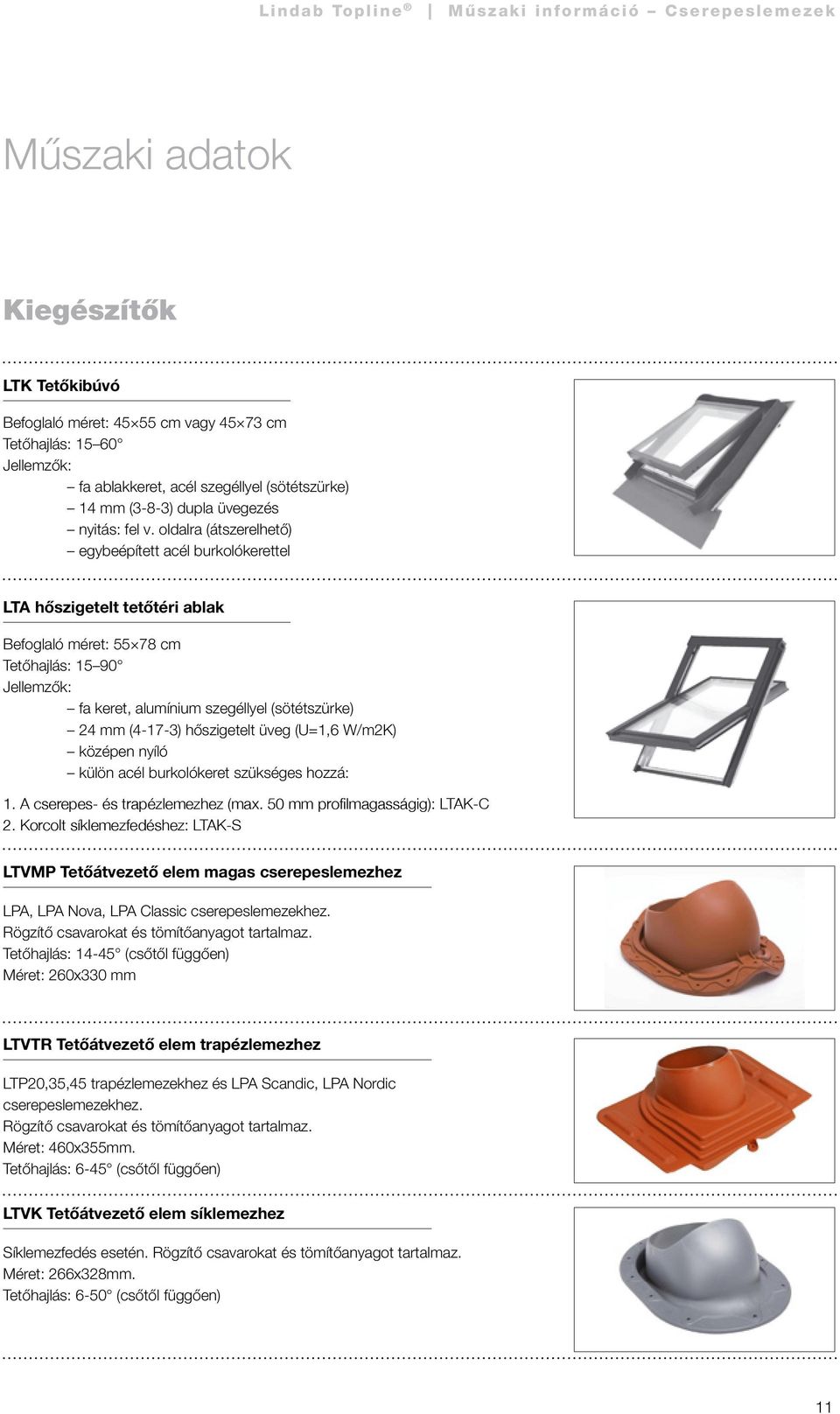 (4-17-3) hőszigetelt üveg (U=1,6 W/m2K) középen nyíló külön acél burkolókeret szükséges hozzá: 1. A cserepes- és trapéz le mez hez (max. 50 mm profilmagasságig): LTAK-C 2.