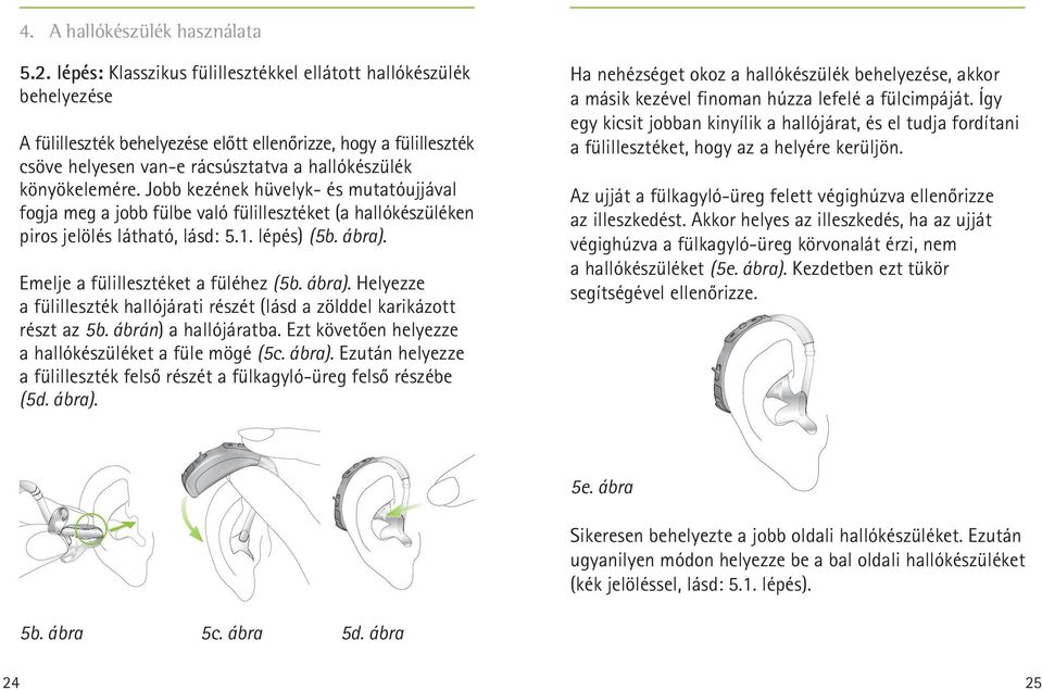 Jobb kezének hüvelyk- és mutatóujjával fogja meg a jobb fülbe való fülillesztéket (a hallókészüléken piros jelölés látható, lásd: 5.1. lépés) (5b. ábra).