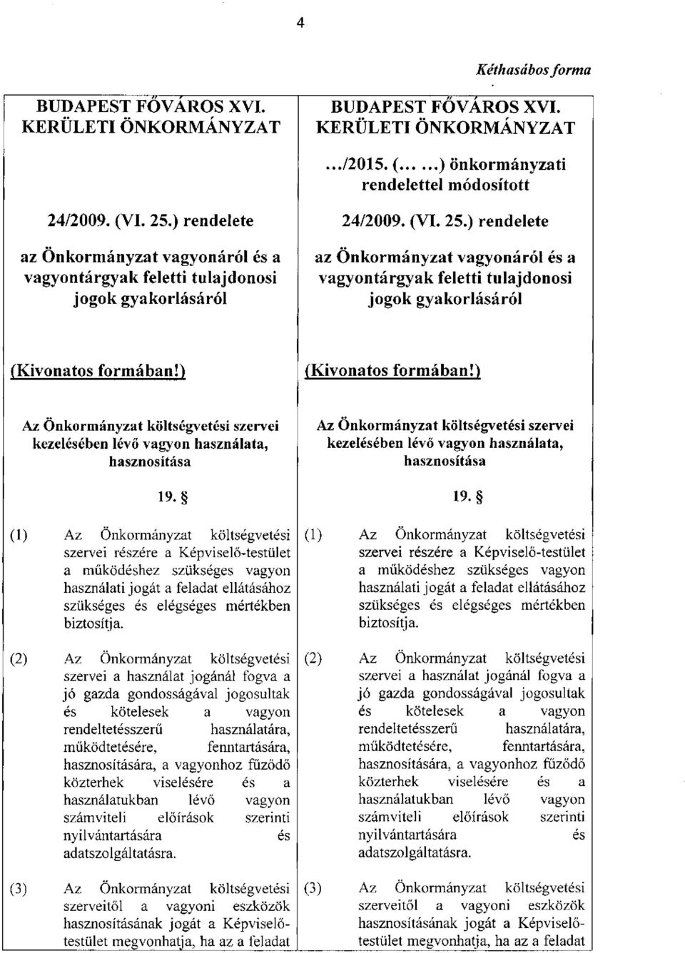 ) Az Önkormányzat költségvetési szervei kezelésében lévő vagyon használata, hasznosítása 19.