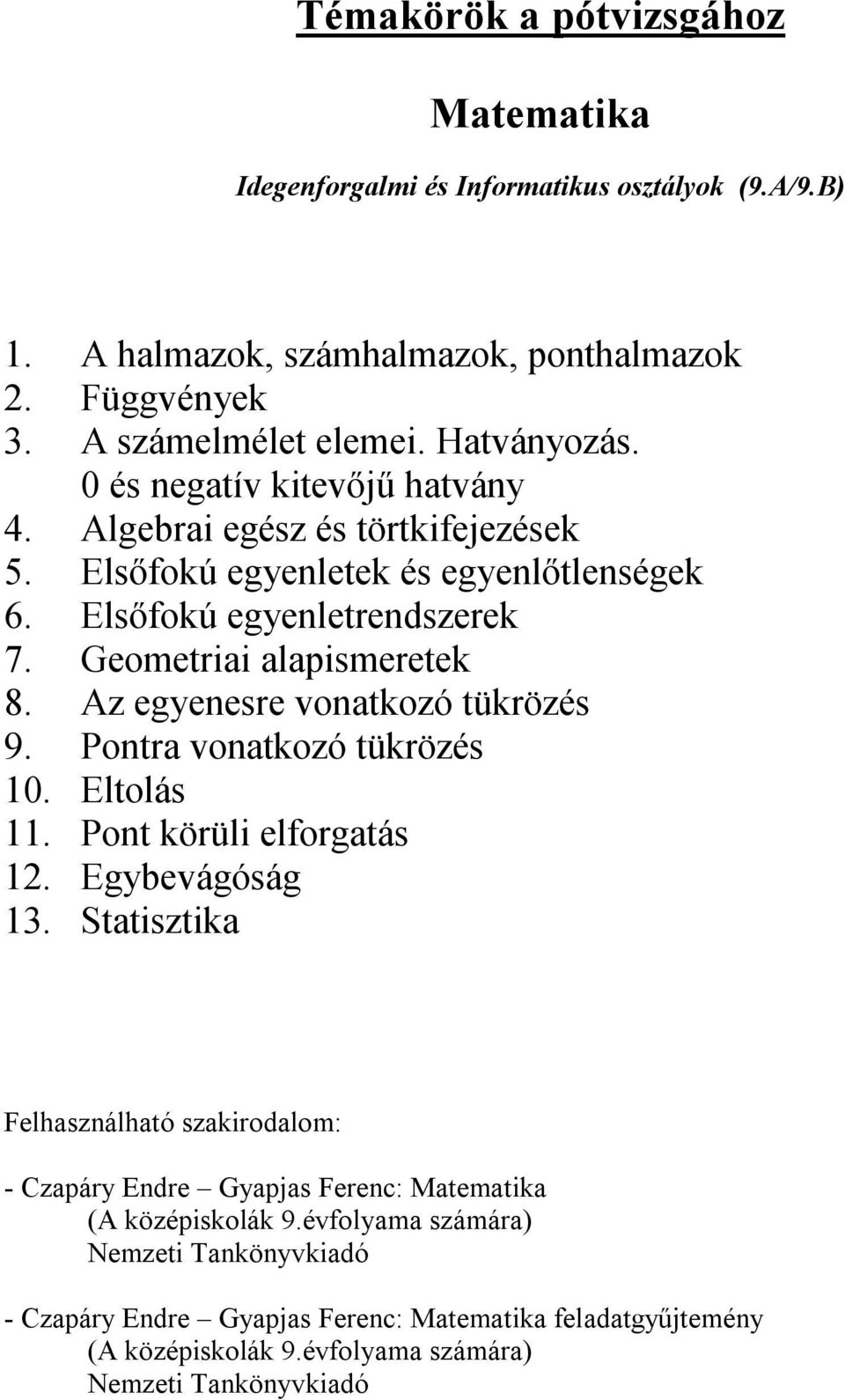 Elsőfokú egyenletek és egyenlőtlenségek 6. Elsőfokú egyenletrendszerek 7. Geometriai alapismeretek 8. Az egyenesre vonatkozó tükrözés 9.
