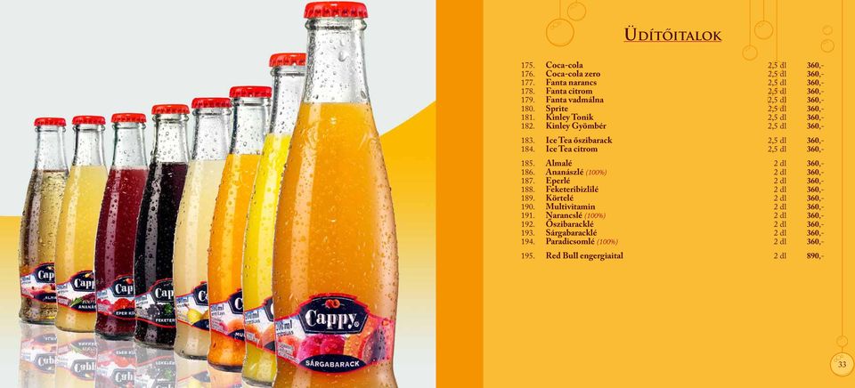 Ice Tea citrom 2,5 dl 360,- 185. Almalé 2 dl 360,- 186. Ananászlé (100%) 2 dl 360,- 187. Eperlé 2 dl 360,- 188. Feketeribizlilé 2 dl 360,- 189.