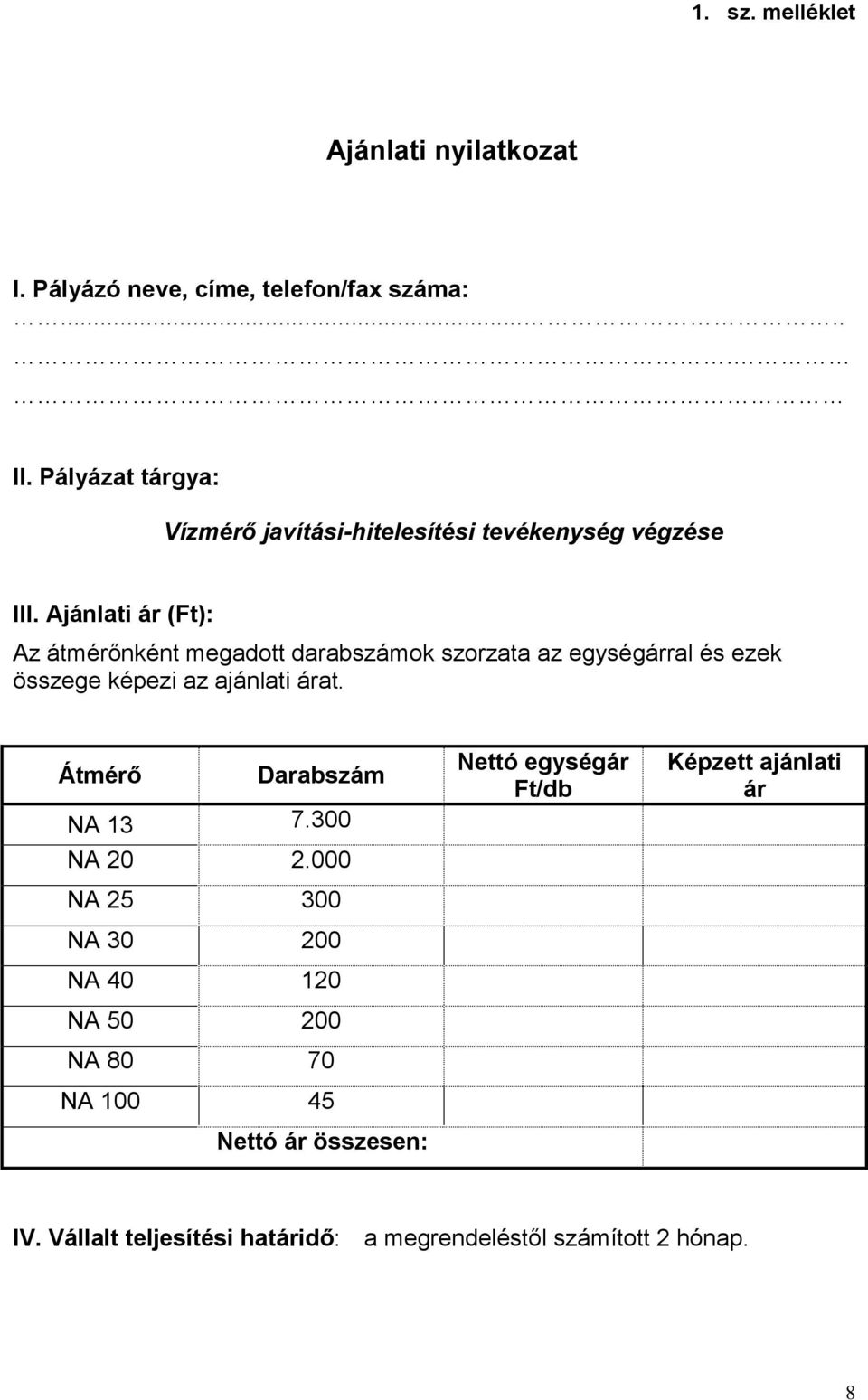 Ajánlati ár (Ft): Az átmérőnként megadott darabszámok szorzata az egységárral és ezek összege képezi az ajánlati árat.