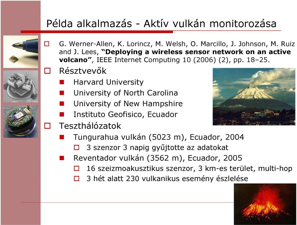 Résztvevők Harvard University University of North Carolina University of New Hampshire Instituto Geofisico, Ecuador Teszthálózatok Tungurahua vulkán