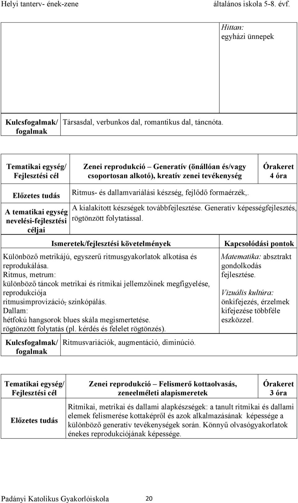 A kialakított készségek továbbfejlesztése. Generatív képességfejlesztés, rögtönzött folytatással. Különböző metrikájú, egyszerű ritmusgyakorlatok alkotása és reprodukálása.