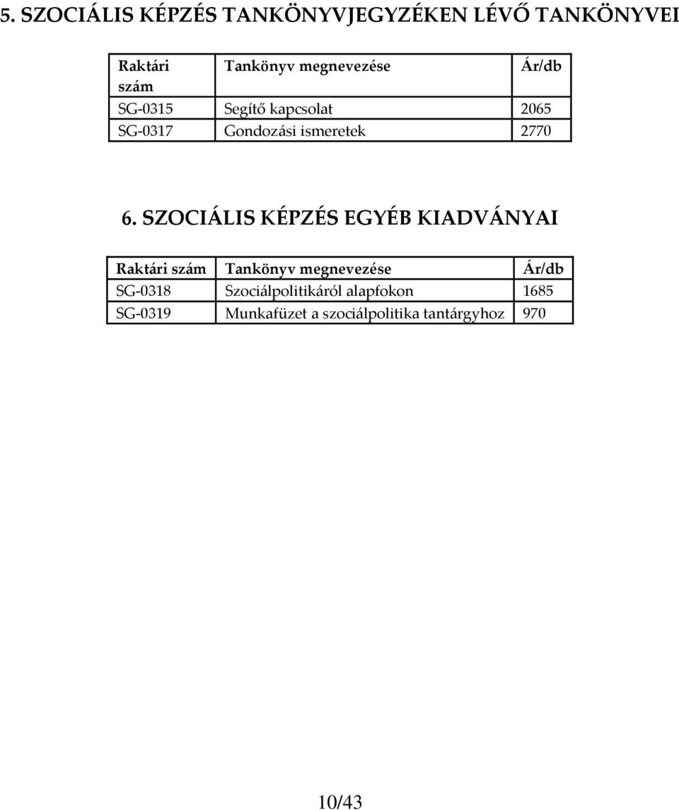 SZOCIÁLIS KÉPZÉS EGYÉB KIADVÁNYAI Raktári szám Tankönyv megnevezése Ár/db SG 0318