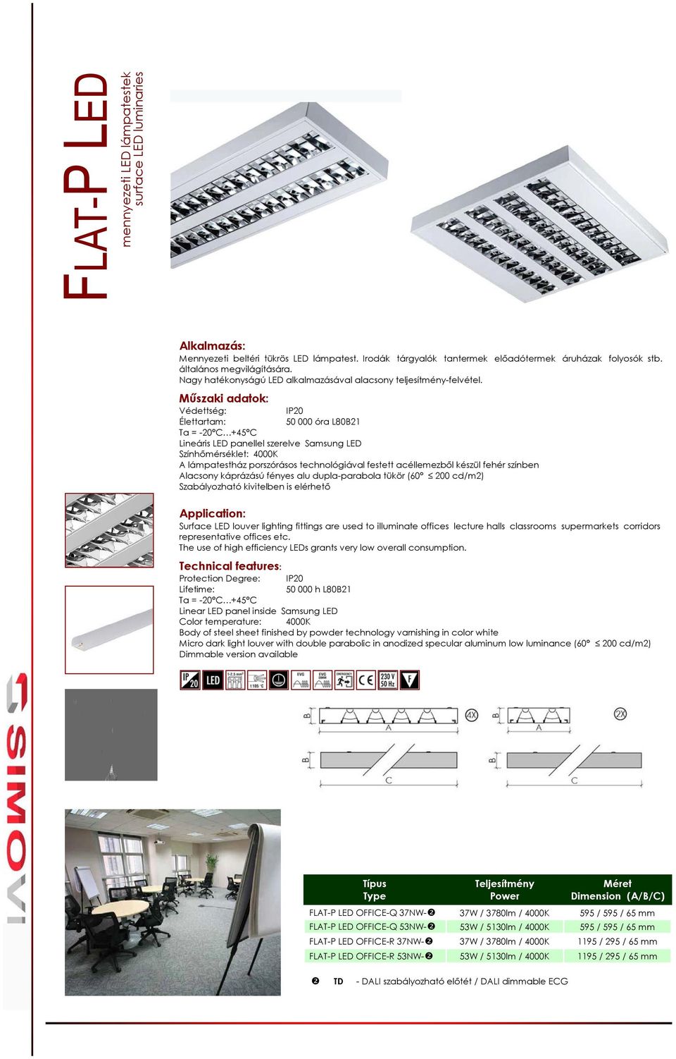 IP20 Élettartam: 50 000 óra L80B21 Ta = -20 C +45 C Lineáris LED panellel szerelve Samsung LED Színhőmérséklet: 4000K A lámpatestház porszórásos technológiával festett acéllemezből készül fehér