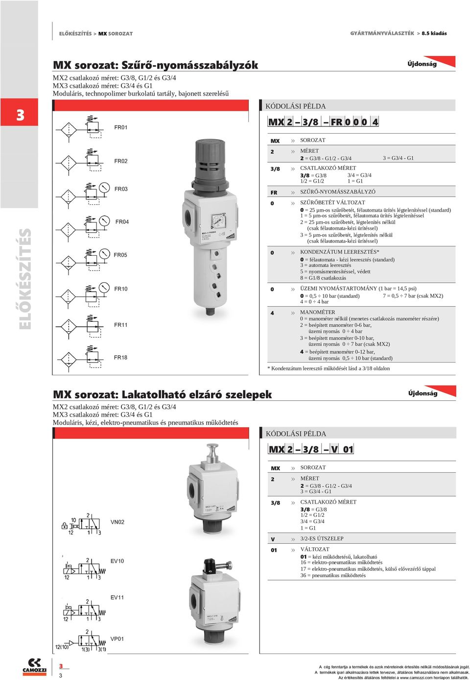 = G1/8 csatlakozás FR1 ÜZEMI NYOMÁSTARTOMÁNY (1 bar = 14,5 psi) 7 =,5 7 bar (csak MX) =,5 1 bar (standard) 4 = 4 bar 4 MANOMÉTER = manométer nélkül (menetes csatlakozás manométer részére) = beépített