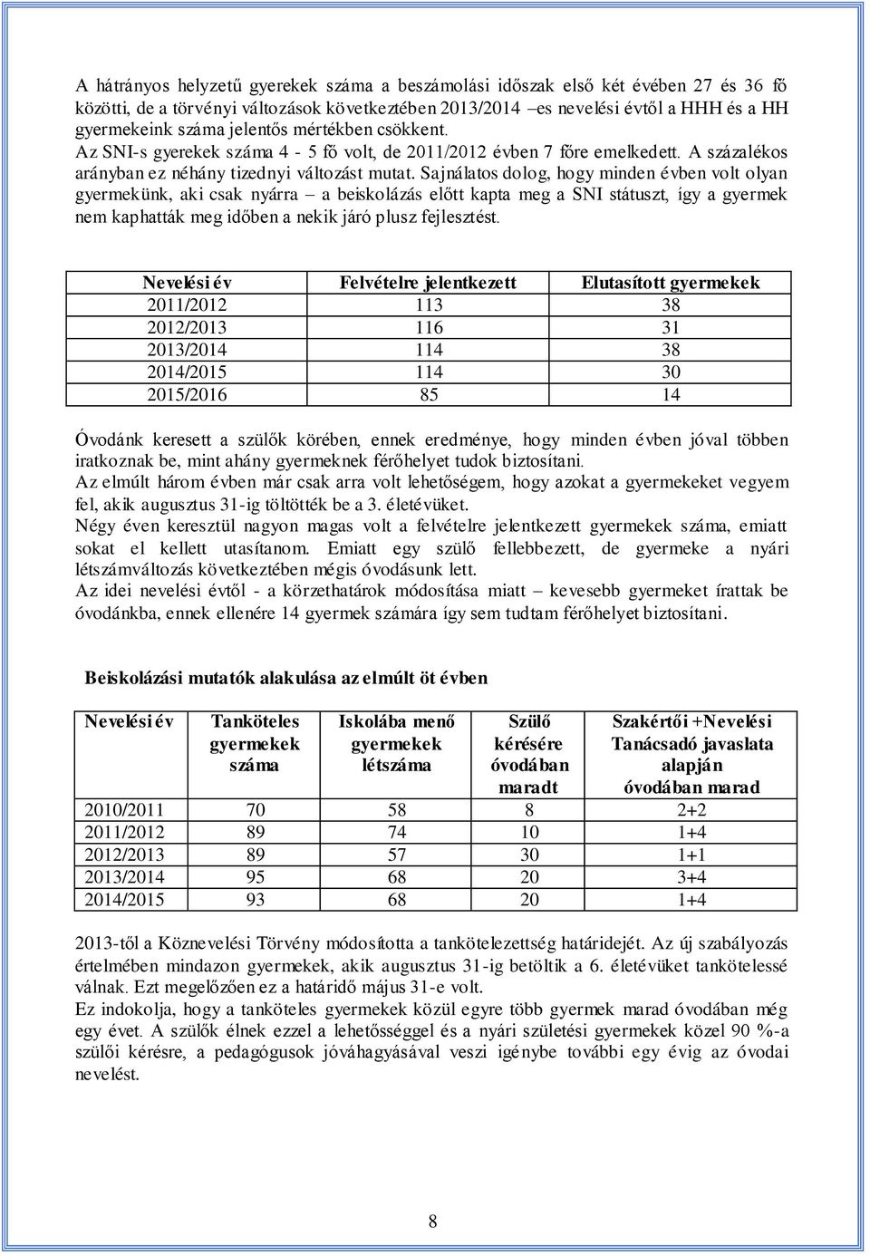 Sajnálatos dolog, hogy minden évben volt olyan gyermekünk, aki csak nyárra a beiskolázás előtt kapta meg a SNI státuszt, így a gyermek nem kaphatták meg időben a nekik járó plusz fejlesztést.