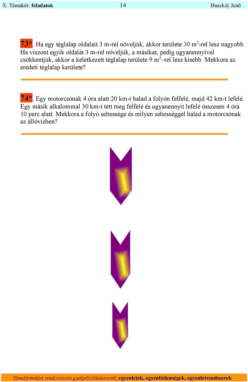 kisebb. Mekkora az eredeti téglalap kerülete? 74*. Egy motorcsónak 4 óra alatt 0 km-t halad a folyón felfelé, majd 4 km-t lefelé.