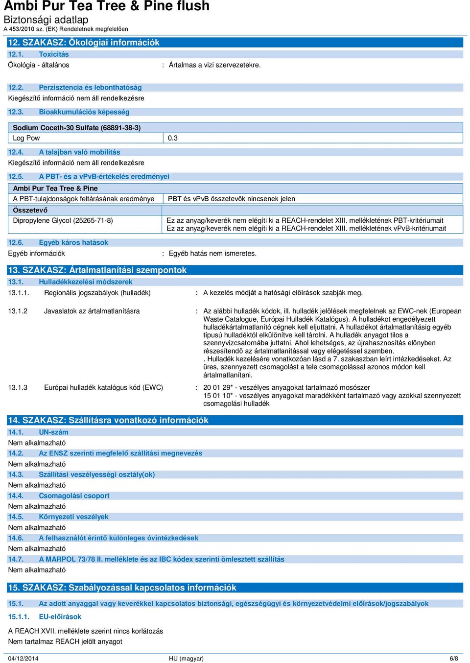 A PBT- és a vpvb-értékelés eredményei Ambi Pur Tea Tree & Pine A PBT-tulajdonságok feltárásának eredménye Összetevő Dipropylene Glycol (25265