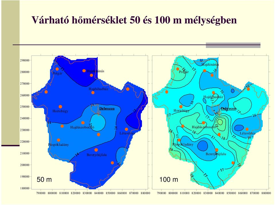Létavértes 220000 Püspökladány Püspökladány 210000 Beretyóújfalu Beretyóújfalu 200000 190000 180000 50 m 100 m 790000