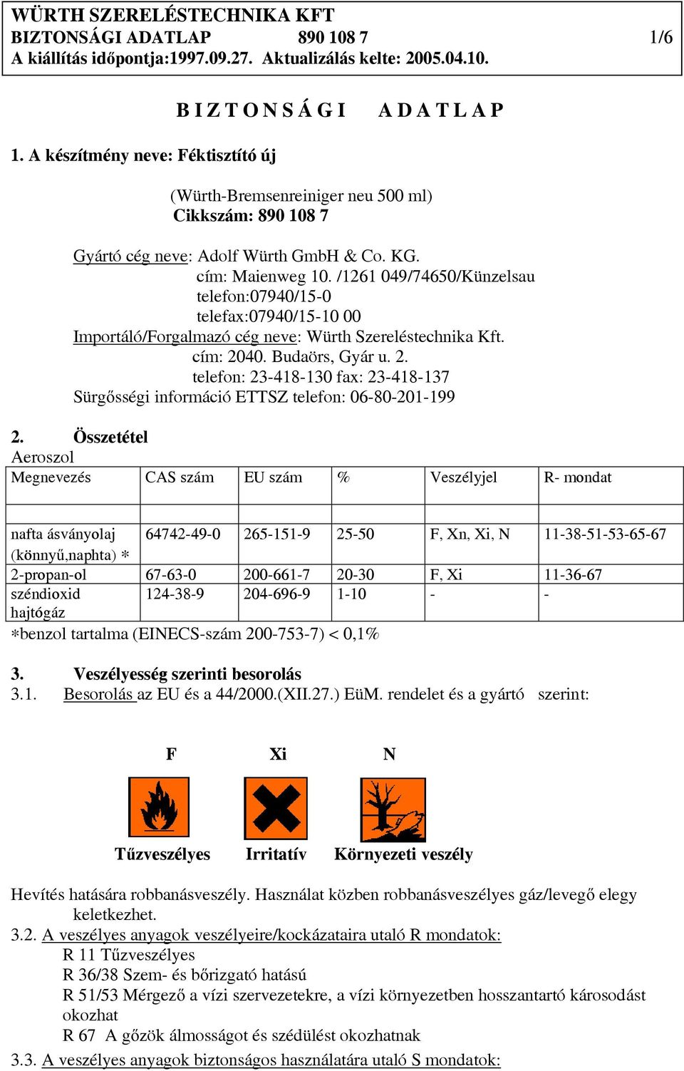 /1261 049/74650/Künzelsau telefon:07940/15-0 telefax:07940/15-10 00 Importáló/Forgalmazó cég neve: Würth Szereléstechnika Kft. cím: 20