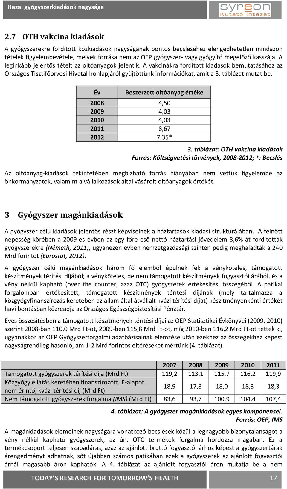 A vakcinákra fordított kiadások bemutatásához az Országos Tisztifőorvosi Hivatal honlapjáról gyűjtöttünk információkat, amit a 3. táblázat mutat be.
