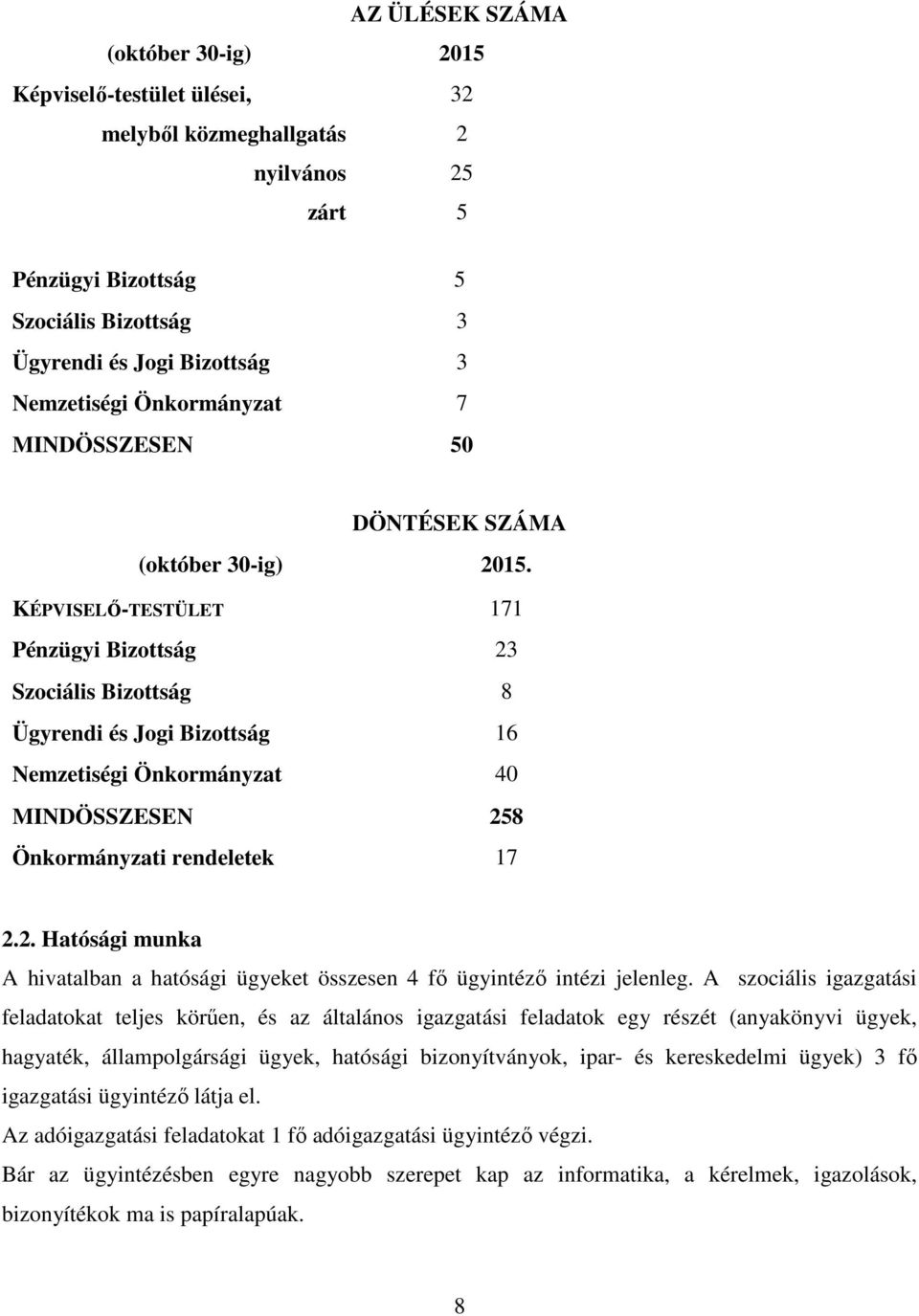 KÉPVISELŐ-TESTÜLET 171 Pénzügyi Bizottság 23 Szociális Bizottság 8 Ügyrendi és Jogi Bizottság 16 Nemzetiségi Önkormányzat 40 MINDÖSSZESEN 258 Önkormányzati rendeletek 17 2.2. Hatósági munka A hivatalban a hatósági ügyeket összesen 4 fő ügyintéző intézi jelenleg.