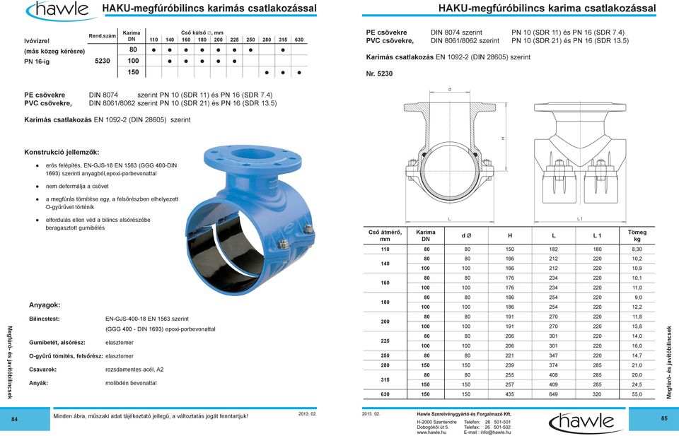 5) Karimás csatakozás EN 1092-2 (DIN 28605) szerint Nr. 5230 PE csövekre DIN 74 szerint PN 10 (SDR 11) és PN 16 (SDR 7.4) PVC csövekre, DIN 61/62 szerint PN 10 (SDR 21) és PN 16 (SDR 13.