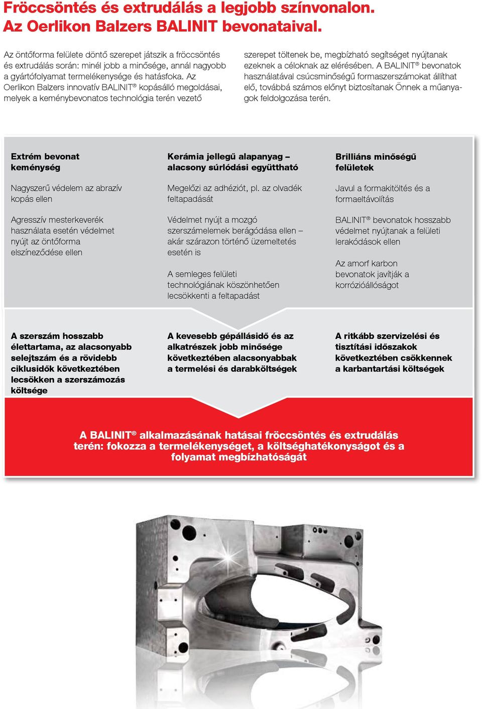 Az Oerlikon Balzers innovatív BALINIT kopásálló megoldásai, melyek a keménybevonatos technológia terén vezető szerepet töltenek be, megbízható segítséget nyújtanak ezeknek a céloknak az elérésében.