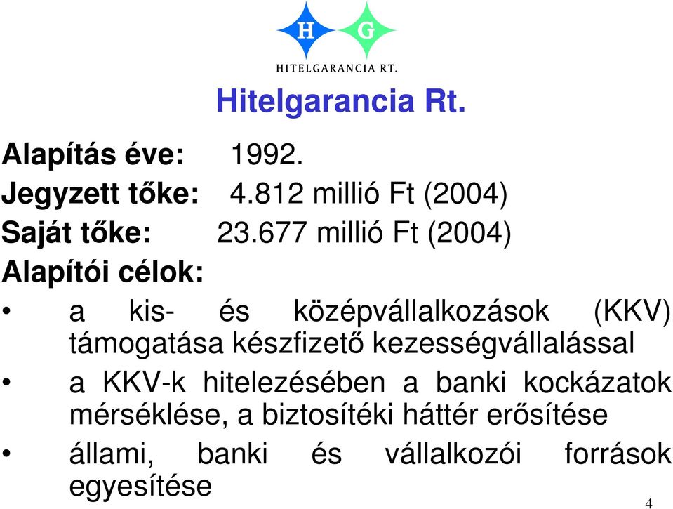 677 millió Ft (2004) Alapítói célok: a kis- és középvállalkozások (KKV) támogatása