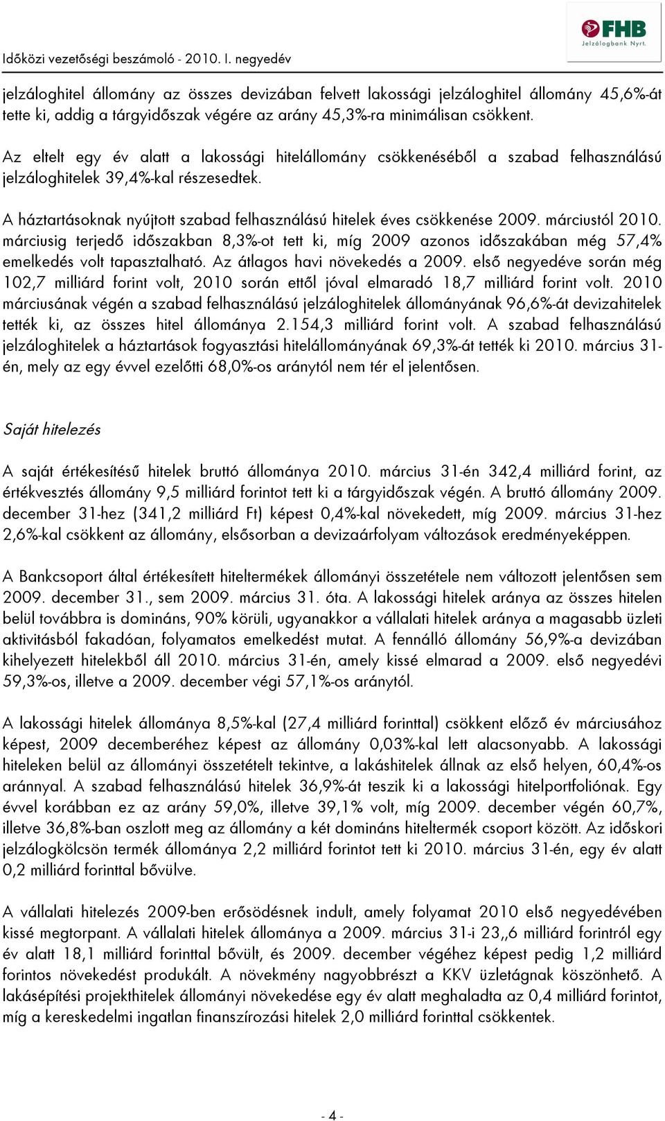 A háztartásoknak nyújtott szabad felhasználású hitelek éves csökkenése 2009. márciustól 2010.