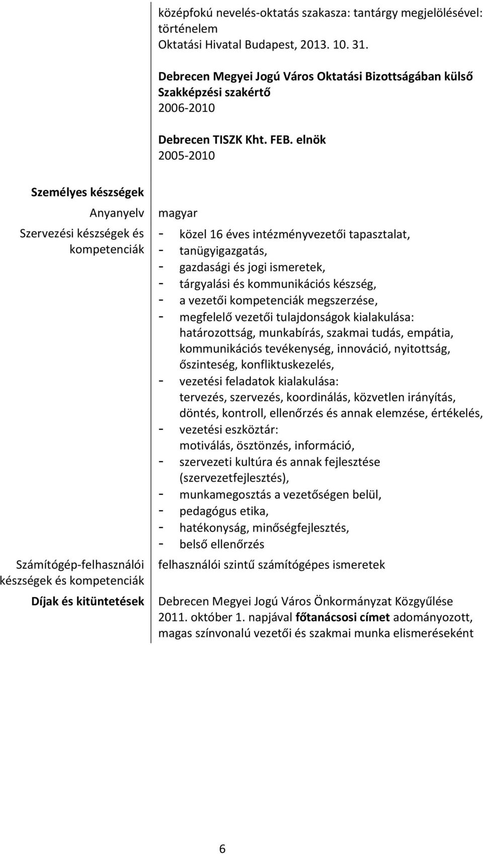 elnök 2005-2010 Személyes készségek Anyanyelv Szervezési készségek és kompetenciák Számítógép-felhasználói készségek és kompetenciák Díjak és kitüntetések magyar - közel 16 éves intézményvezetői