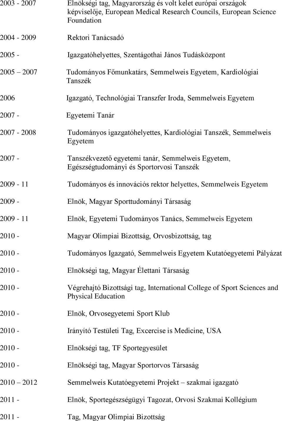 2007-2008 Tudományos igazgatóhelyettes, Kardiológiai Tanszék, Semmelweis Egyetem 2007 - Tanszékvezető egyetemi tanár, Semmelweis Egyetem, Egészségtudományi és Sportorvosi Tanszék 2009-11 Tudományos