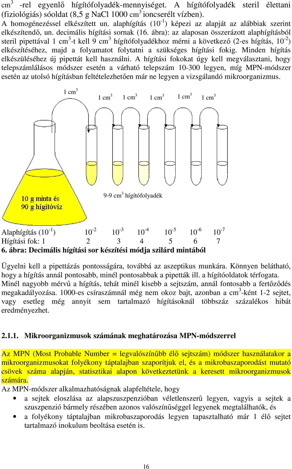 ábra): az alaposan összerázott alaphígításból steril pipettával 1 cm 3 -t kell 9 cm 3 hígítófolyadékhoz mérni a következı (2-es hígítás, 10-2 ) elkészítéséhez, majd a folyamatot folytatni a szükséges