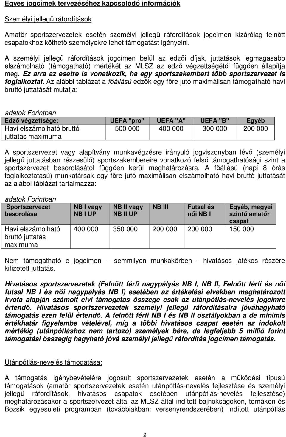 A személyi jellegű ráfordítások jogcímen belül az edzői díjak, juttatások legmagasabb elszámolható (támogatható) mértékét az MLSZ az edző végzettségétől függően állapítja meg.