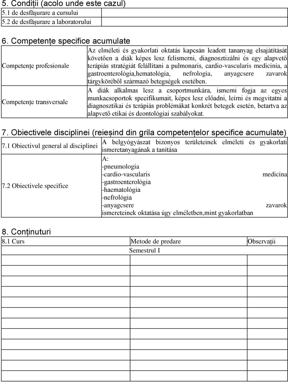 diagnosztizálni és egy alapvető terápiás stratégiát felállítani a pulmonaris, cardio-vascularis medicinia, a gastroenterológia,hematológia, nefrologia, anyagcsere zavarok tárgyköréből származó