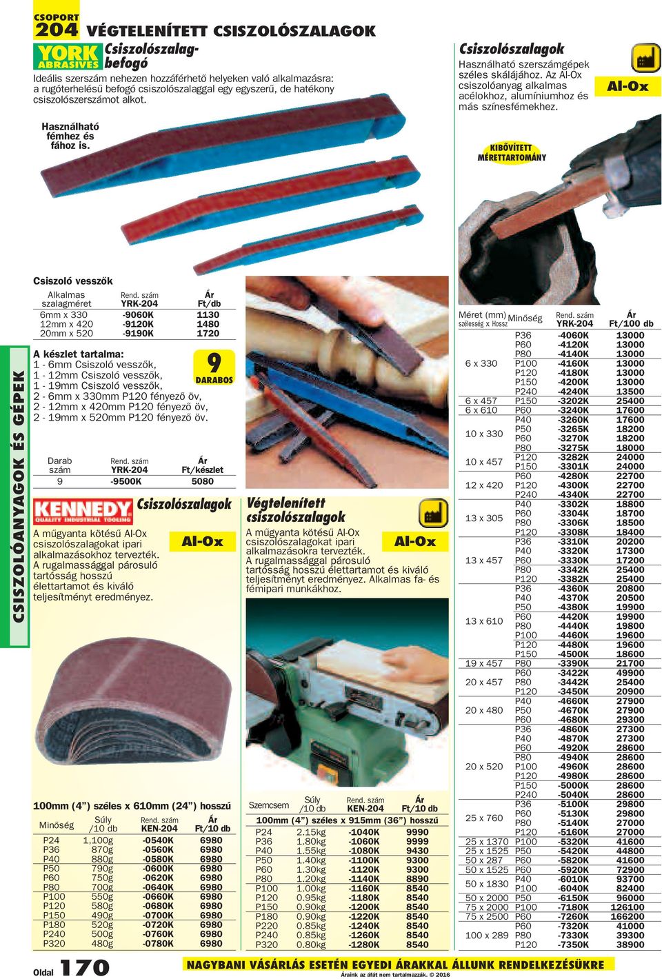 KIbŐVÍTETT MÉrETTarToMÁNY al-ox csiszolóanyagok És GÉpEK Csiszoló vesszők Alkalmas szalagméret YRK-204 6mm x 330-9060K 1130 12mm x 420-9120K 1480 20mm x 520-9190K 1720 A készlet tartalma: 1-6mm