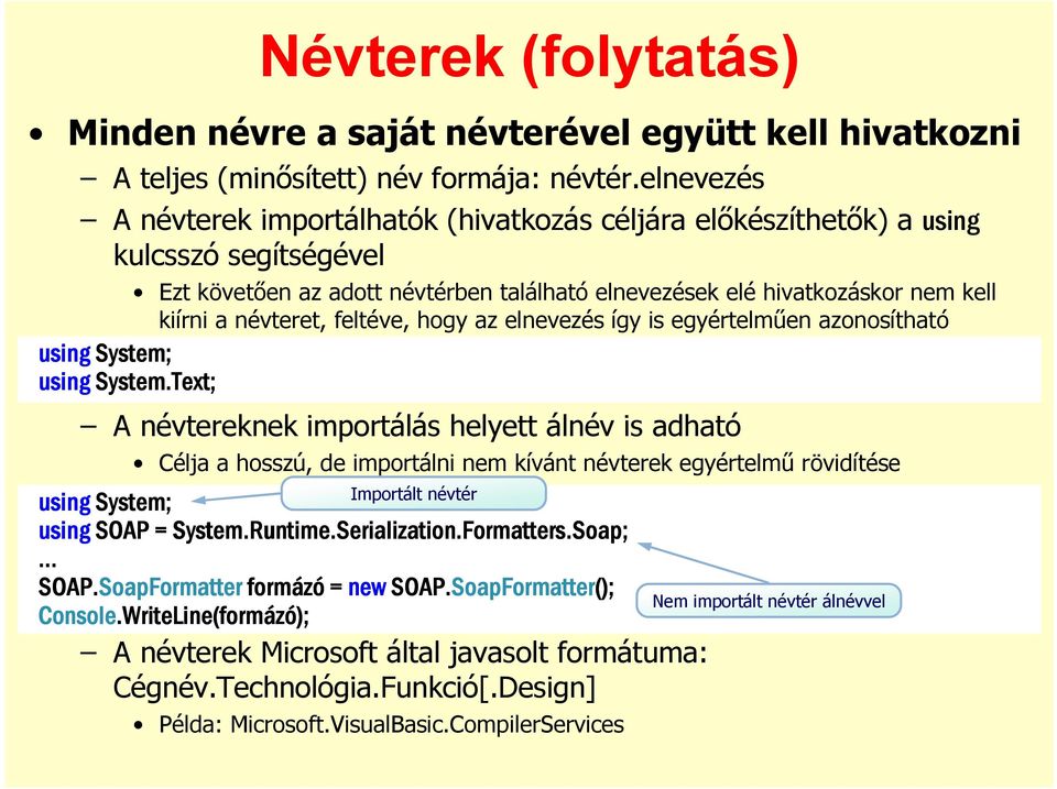 Text; Ezt követıen az adott névtérben található elnevezések elé hivatkozáskor nem kell kiírni a névteret, feltéve, hogy az elnevezés így is egyértelmően azonosítható A névtereknek importálás helyett