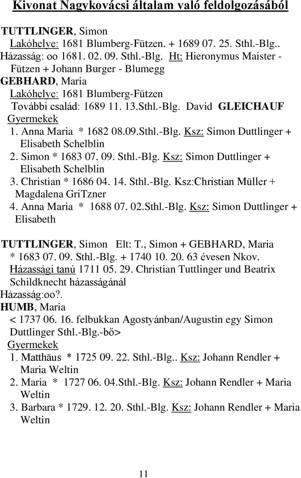 Anna Maria * 1682 08.09.Sthl.-Blg. Ksz: Simon Duttlinger + Elisabeth Schelblin 2. Simon * 1683 07. 09. Sthl.-Blg. Ksz: Simon Duttlinger + Elisabeth Schelblin 3. Christian * 1686 04. 14. Sthl.-Blg. Ksz:Christian Müller + Magdalena GriTzner 4.