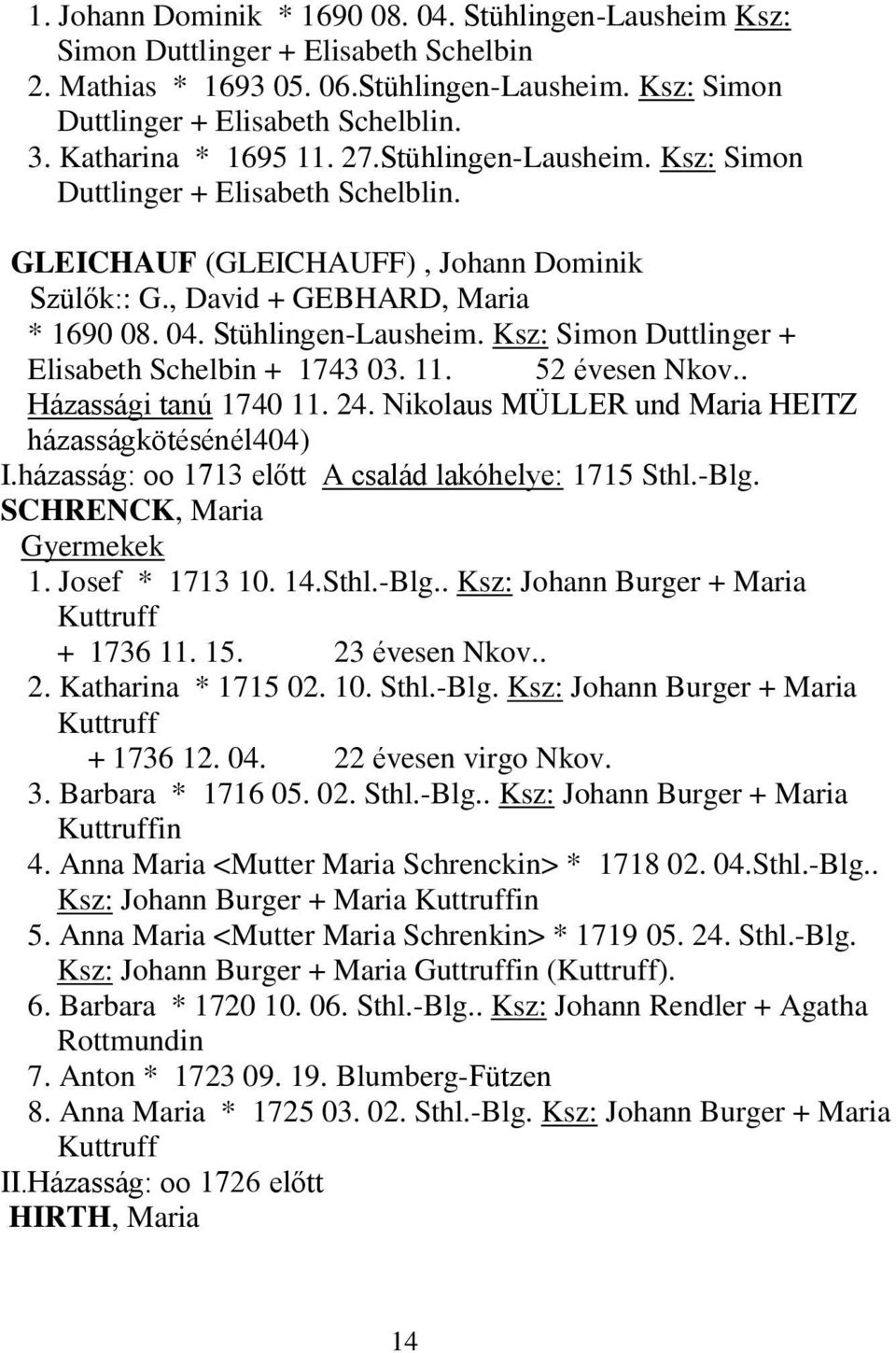 Ksz: Simon Duttlinger + Elisabeth Schelbin + 1743 03. 11. 52 évesen Nkov.. Házassági tanú 1740 11. 24. Nikolaus MÜLLER und Maria HEITZ házasságkötésénél404) I.
