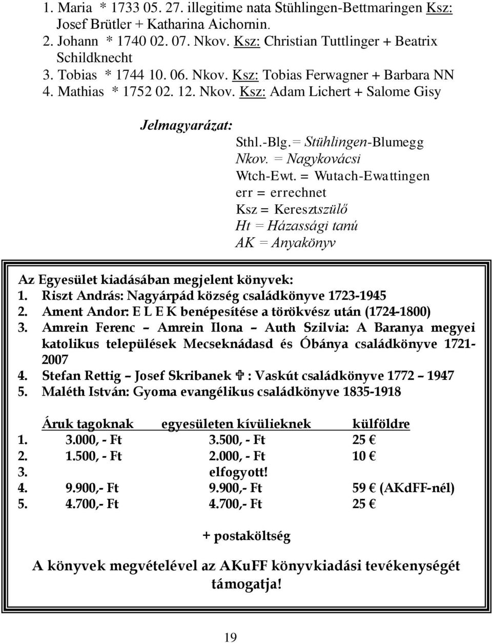 = Nagykovácsi Wtch-Ewt. = Wutach-Ewattingen err = errechnet Ksz = Keresztszülő Ht = Házassági tanú AK = Anyakönyv Az Egyesület kiadásában megjelent könyvek: 1.