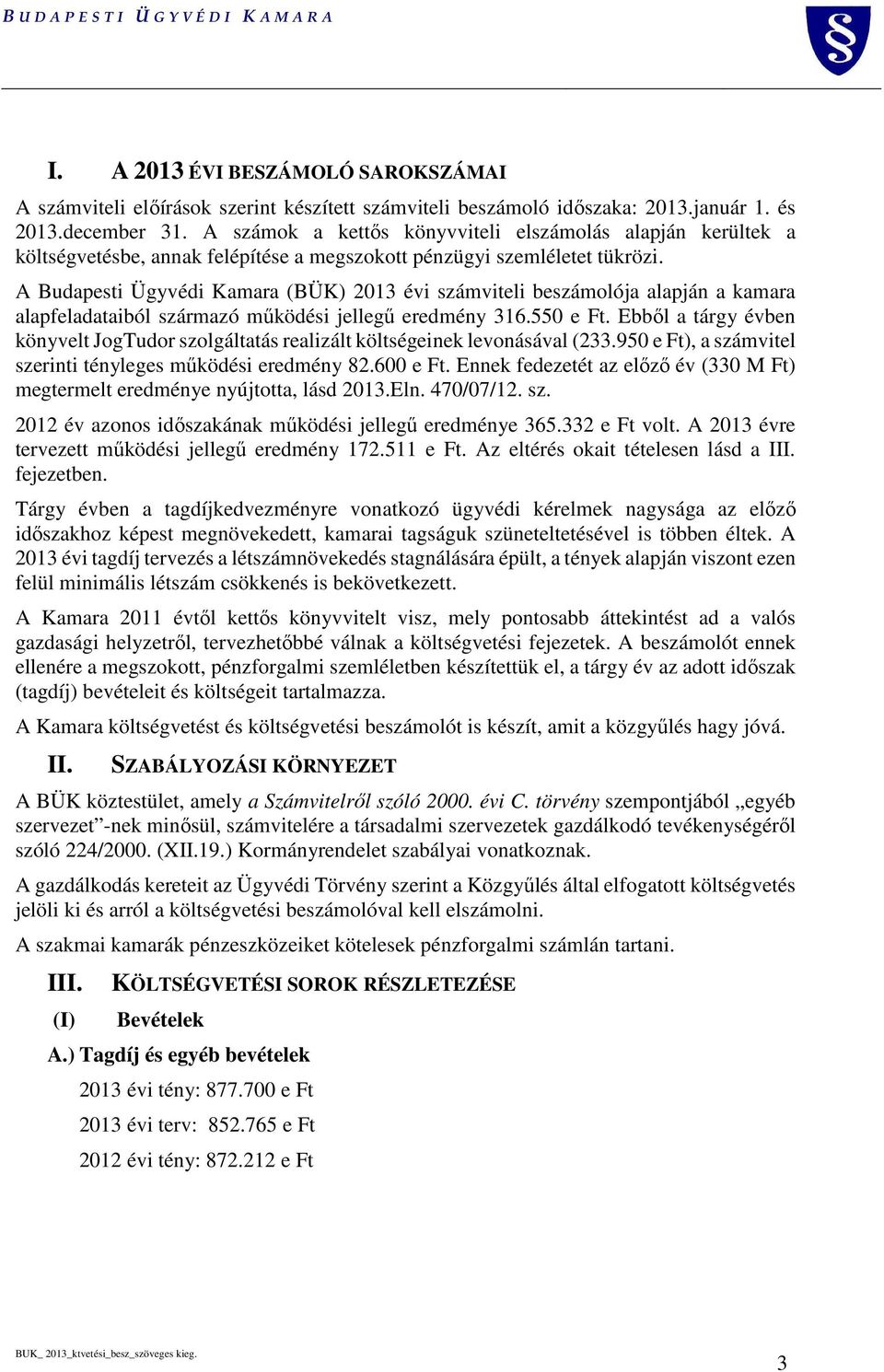A Budapesti Ügyvédi Kamara (BÜK) 2013 évi számviteli beszámolója alapján a kamara alapfeladataiból származó működési jellegű eredmény 316.550 e Ft.