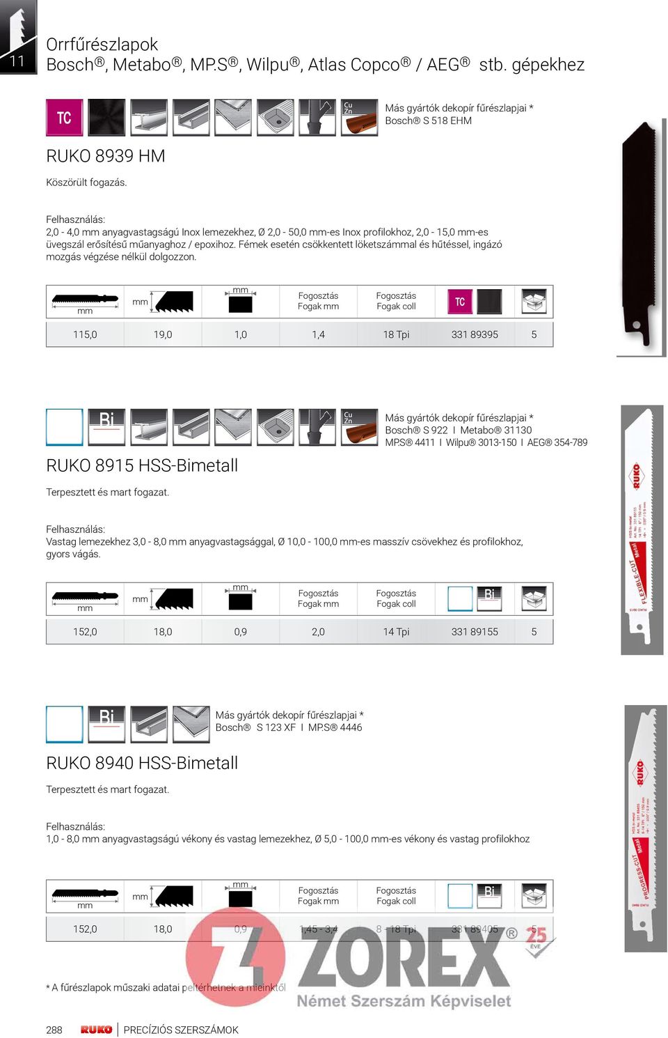 Fémek esetén csökkentett löketszáal és hűtéssel, ingázó mozgás végzése nélkül dolgozzon. Fogak TC 115,0 19,0 1,0 1,4 18 tpi 331 89395 5 RUKO 8915 Hss-bimetall bosch s 922 i metabo 31130 mp.