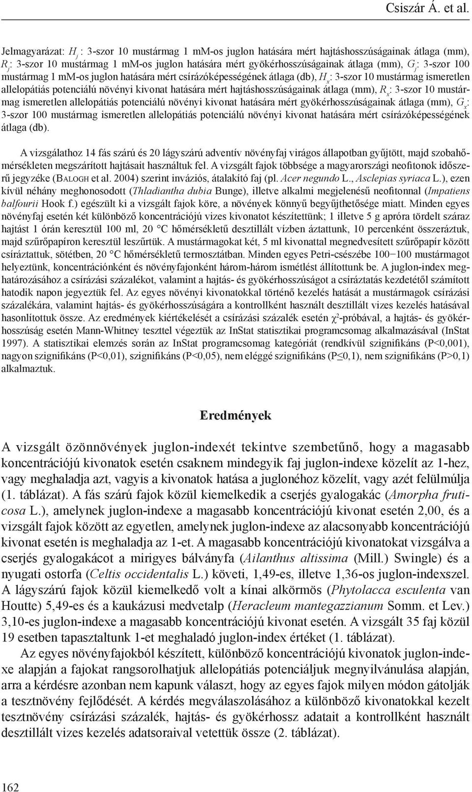 3-szor 100 mustármag 1 mm-os juglon hatására mért csírázóképességének átlaga (db), H x : 3-szor 10 mustármag ismeretlen allelopátiás potenciálú növényi kivonat hatására mért hajtáshosszúságainak