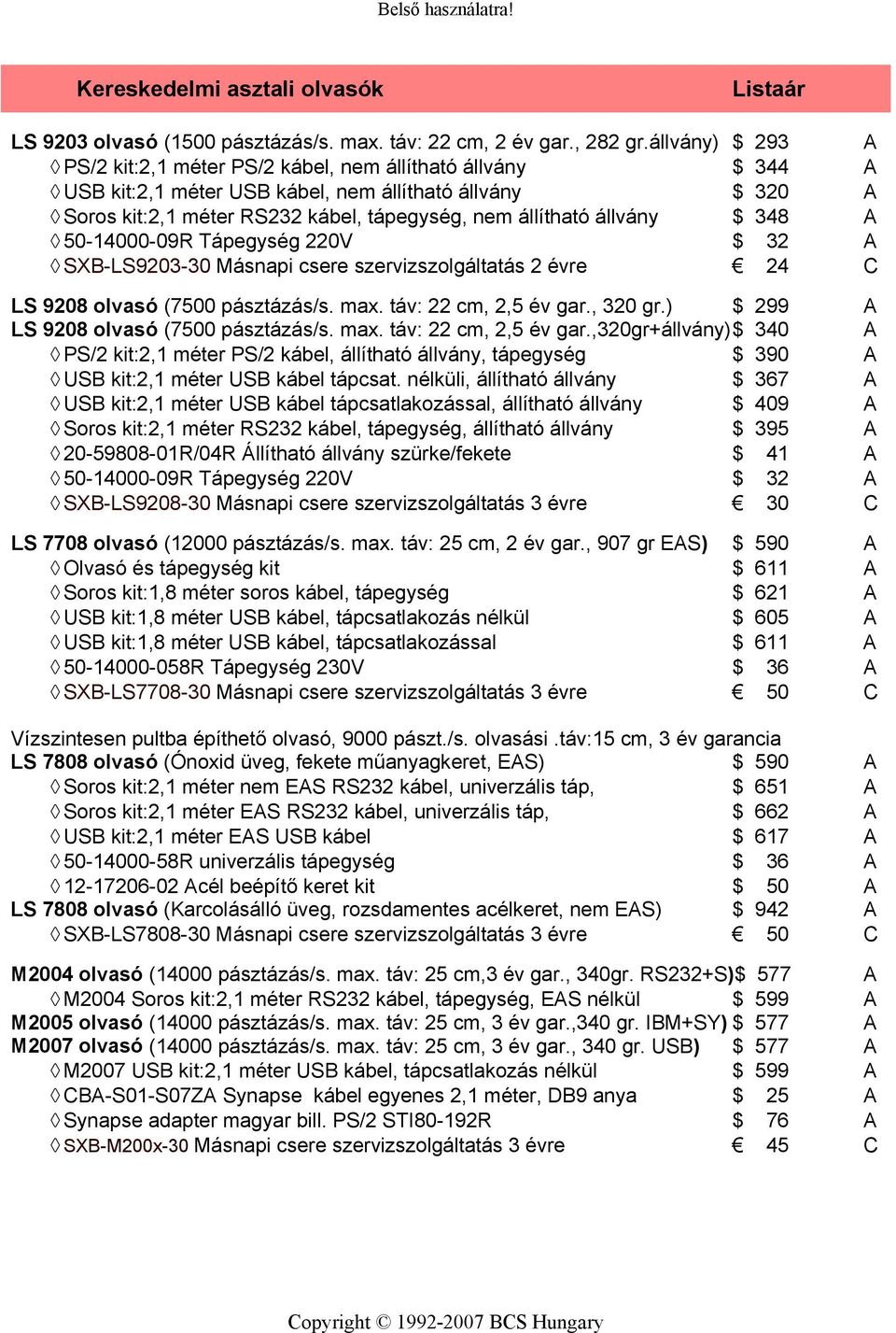 50-14000-09R Tápegység 220V 32 SXB-LS9203-30 Másnapi csere szervizszolgáltatás 2 évre 24 C LS 9208 olvasó (7500 pásztázás/s. max. táv: 22 cm, 2,5 év gar., 320 gr.