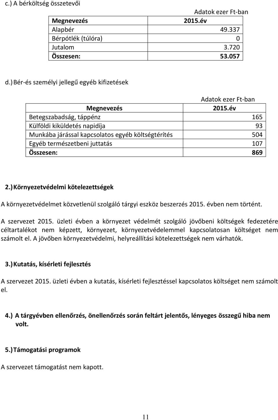 ) Környezetvédelmi kötelezettségek A környezetvédelmet közvetlenül szolgáló tárgyi eszköz beszerzés 2015. évben nem történt. A szervezet 2015.