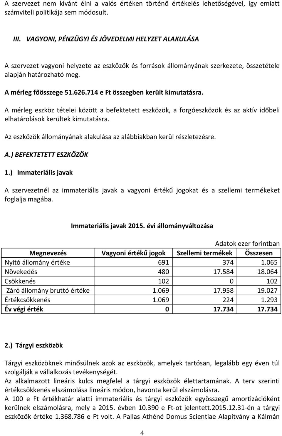 714 e Ft összegben került kimutatásra. A mérleg eszköz tételei között a befektetett eszközök, a forgóeszközök és az aktív időbeli elhatárolások kerültek kimutatásra.