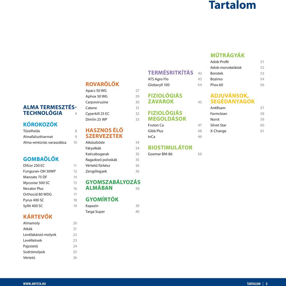 Sodrómolyok 25 Vértetű 26 rovarölők Apacs 50 WG 27 Aphox 50 WG 29 Carpovirusine 30 Catane 31 Cyperkill 25 EC 32 Dimlin 25 WP 33 hasznos élő szervezetek Atkászböde 34 Fátyolkák 34 Katicabogarak 35