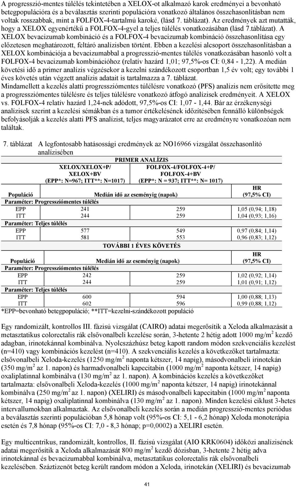 Az eredmények azt mutatták, hogy a XELOX egyenértékű a FOLFOX-4-gyel a teljes túlélés vonatkozásában (lásd 7.táblázat).